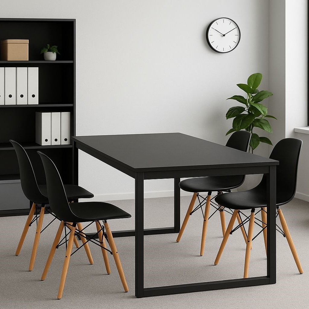 Mesa Retangular Estilo Industrial + 4 Cadeiras Eames – Conjunto para Sala de Jantar ou Cozinha