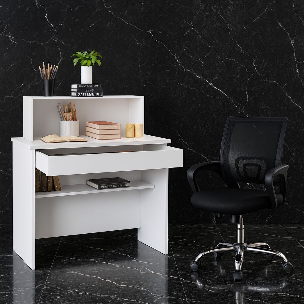 Kit Escrivaninha Branco e Preto com Gaveta + Cadeira Escritório Confortável