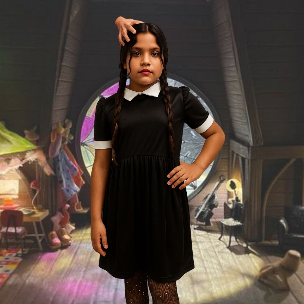 Kit Fantasia Infantil Menina Vestido Wandinha + Mãozinha Vandinha Halloween