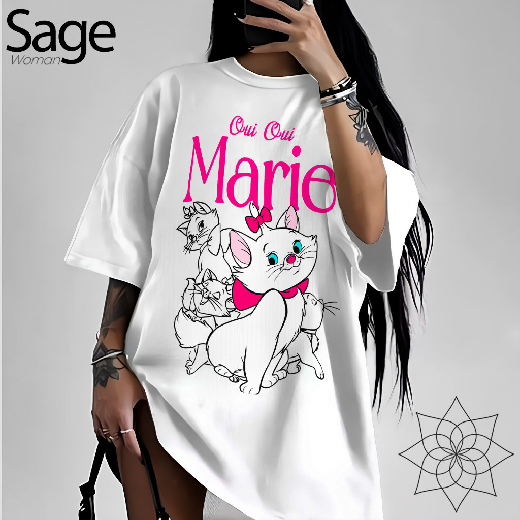 Camiseta Basica Ou Oversized Feminina Marie Gatinha Delicada Pink Meiga Moda Gringa Estilosa