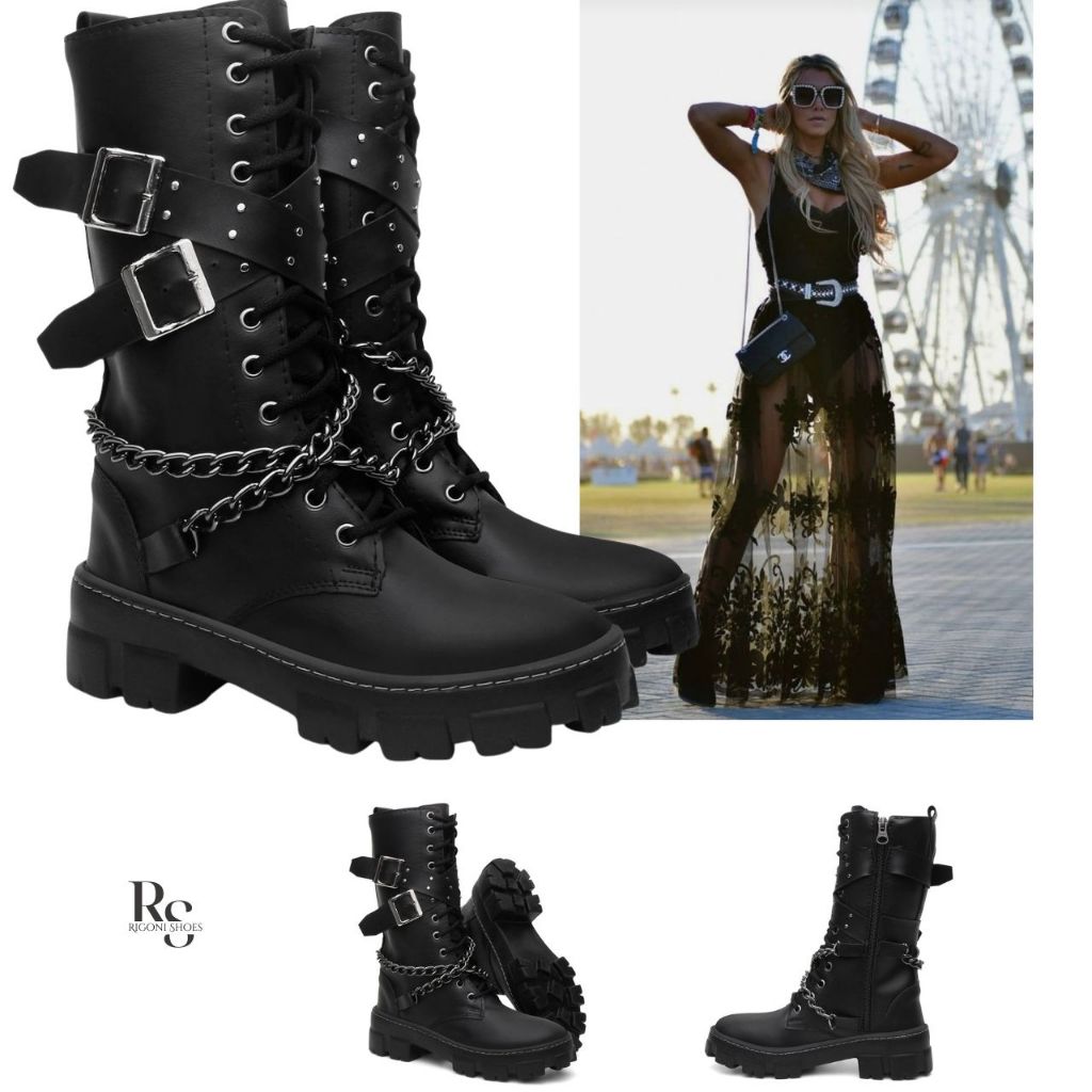 Bota Coturno Feminino Preto Cano Alto com Corrente Tratorada | Look para Show e Festa Estilo Rock