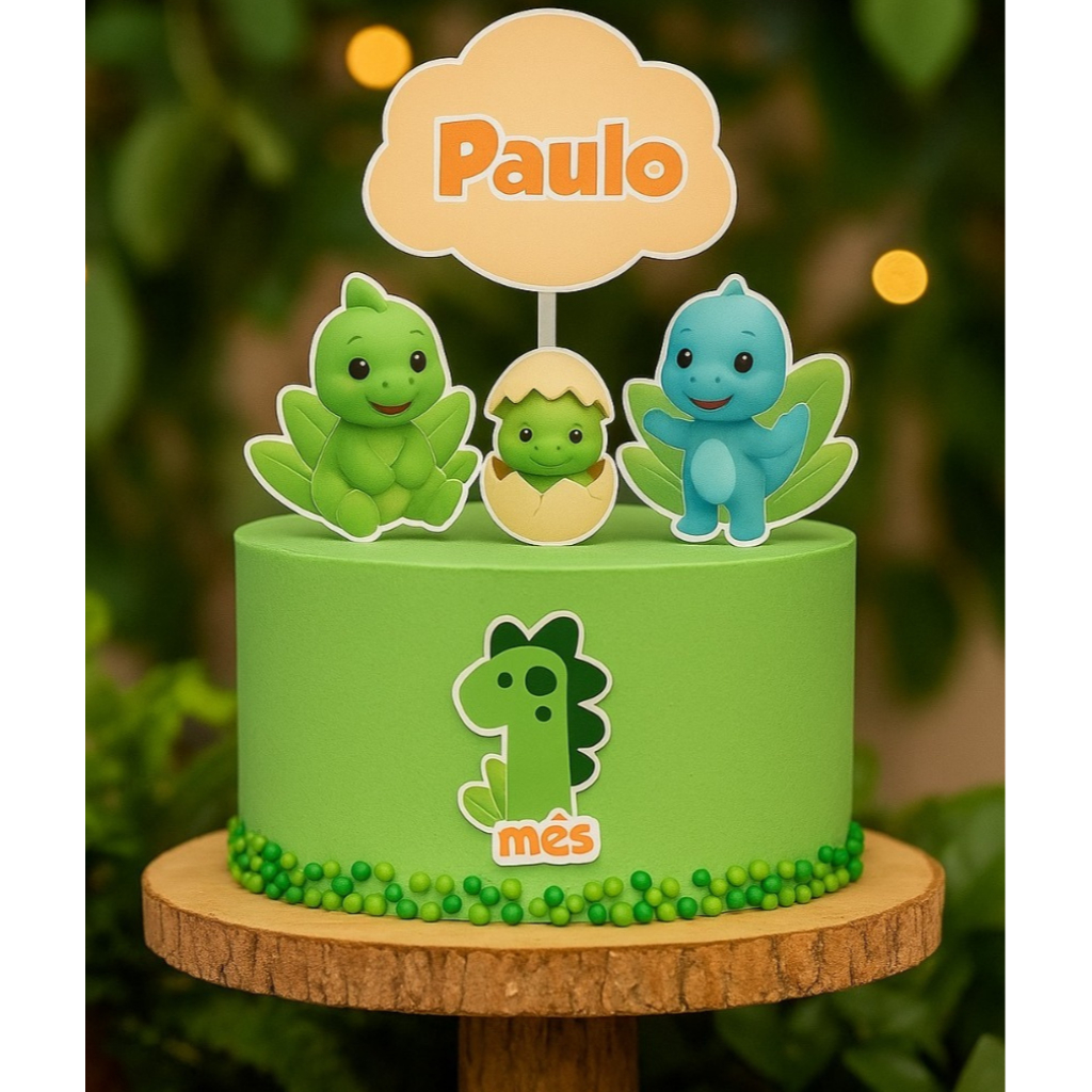 Topo de Bolo Dinossauro Baby Personalizado Nome e Idade Infantil Festa Mesversário Aniversário