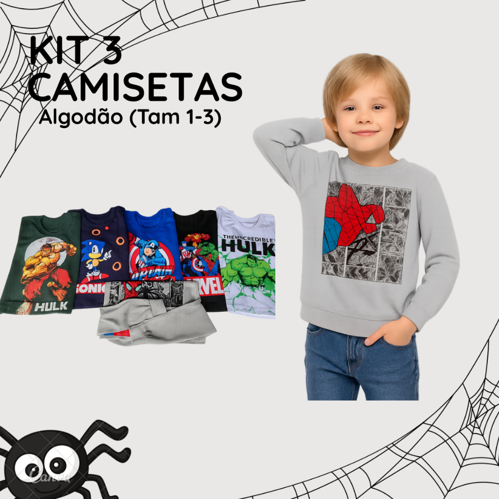 kit 3 Camiseta Manga LONGA Infantil MASCULINA Inverno Estampada Quentinha Confortável Meninos