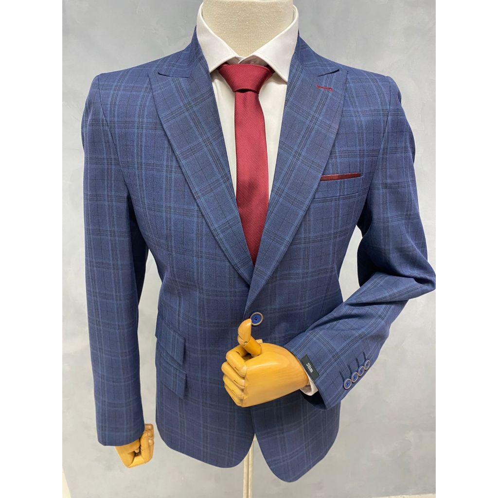 Terno Poliviscose Masculino Cor Azul Xadrez Lapela Larga 3 Bolsos Premium Alta Costura Lançamento