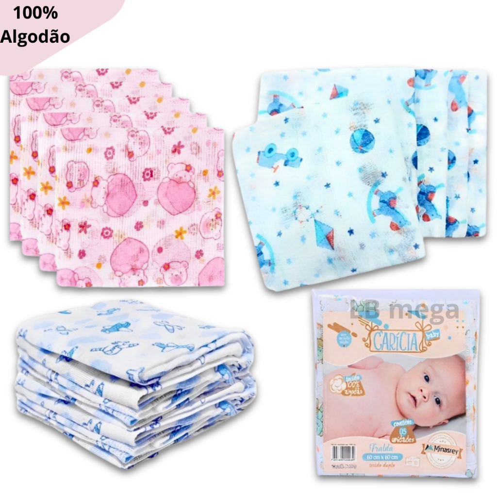 Fraldas de pano kit com 5 unidades 60x60cm 100% algodão Bebê Babete Toalhinha Paninho Estampado em Oferta na Shopee