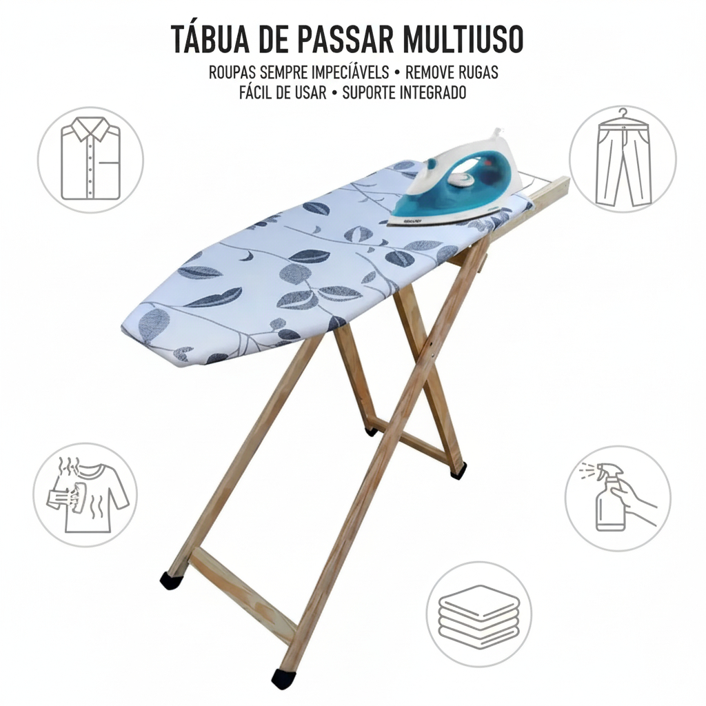 Passadeira Roupa Dobrável Extra Fort Reforçada Madeira Superbella com suporte de ferro de passar pés de borracha