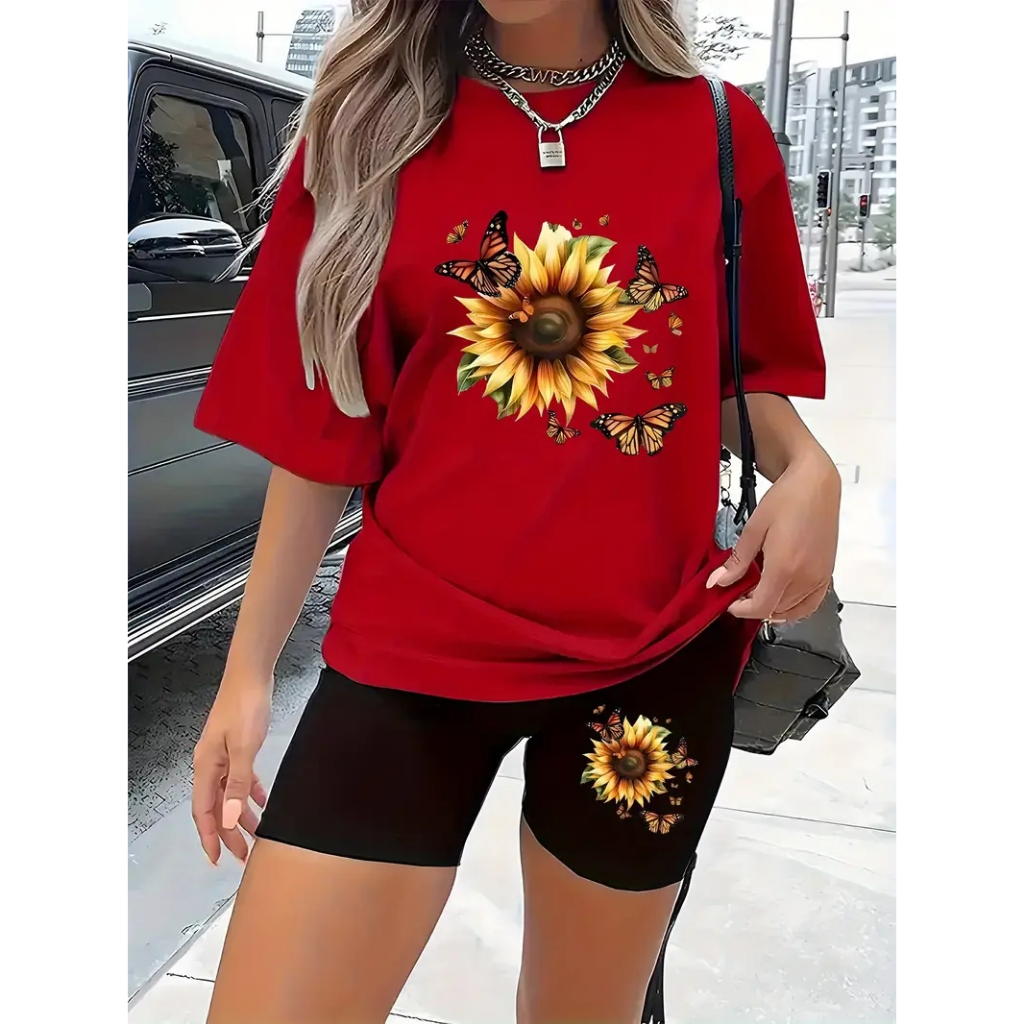 CONJUNTO FEMININO ACADEMIA CAMISETA+BERMUDA LEGGINGS CÓS ALTO ACADEMIA ZERO TRANSPARENCIA GIRASSOL