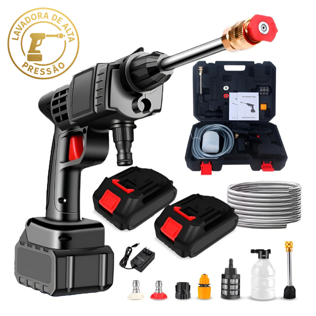 Kit Lavadora Lava Jato Portátil Pressão 2 Baterias 48v Sem Fio Com Maleta mais Acessórios