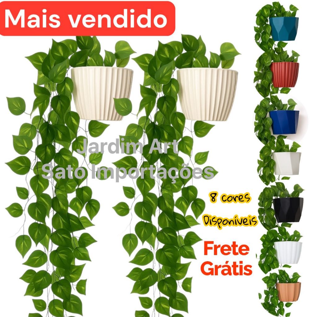 PAR de Vaso plastico cerâmico + 4 Planta Pendurada Verde Artificial Bambu Parede Varanda