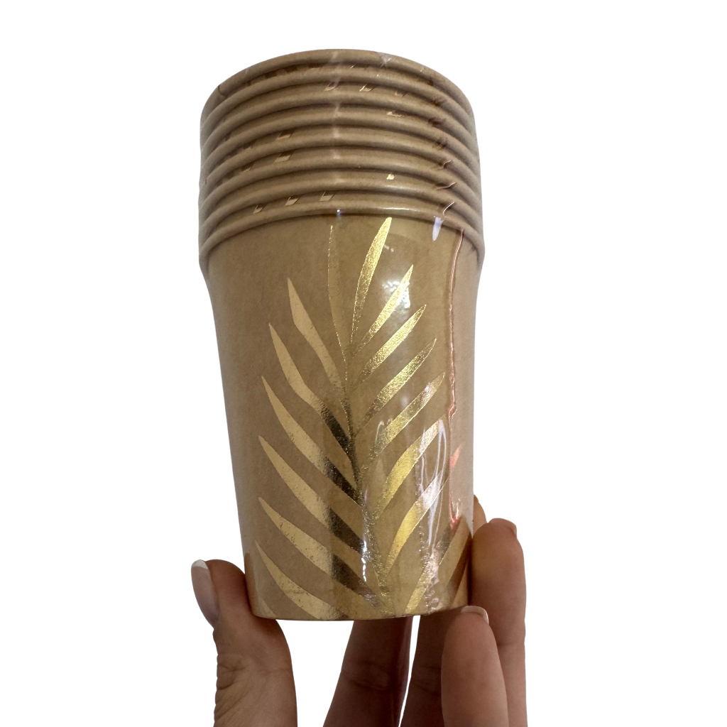 8 Copos de Papel Folhagem Dourada Kraft 250 ml Ponto das Festas - Inspire sua Festa Loja