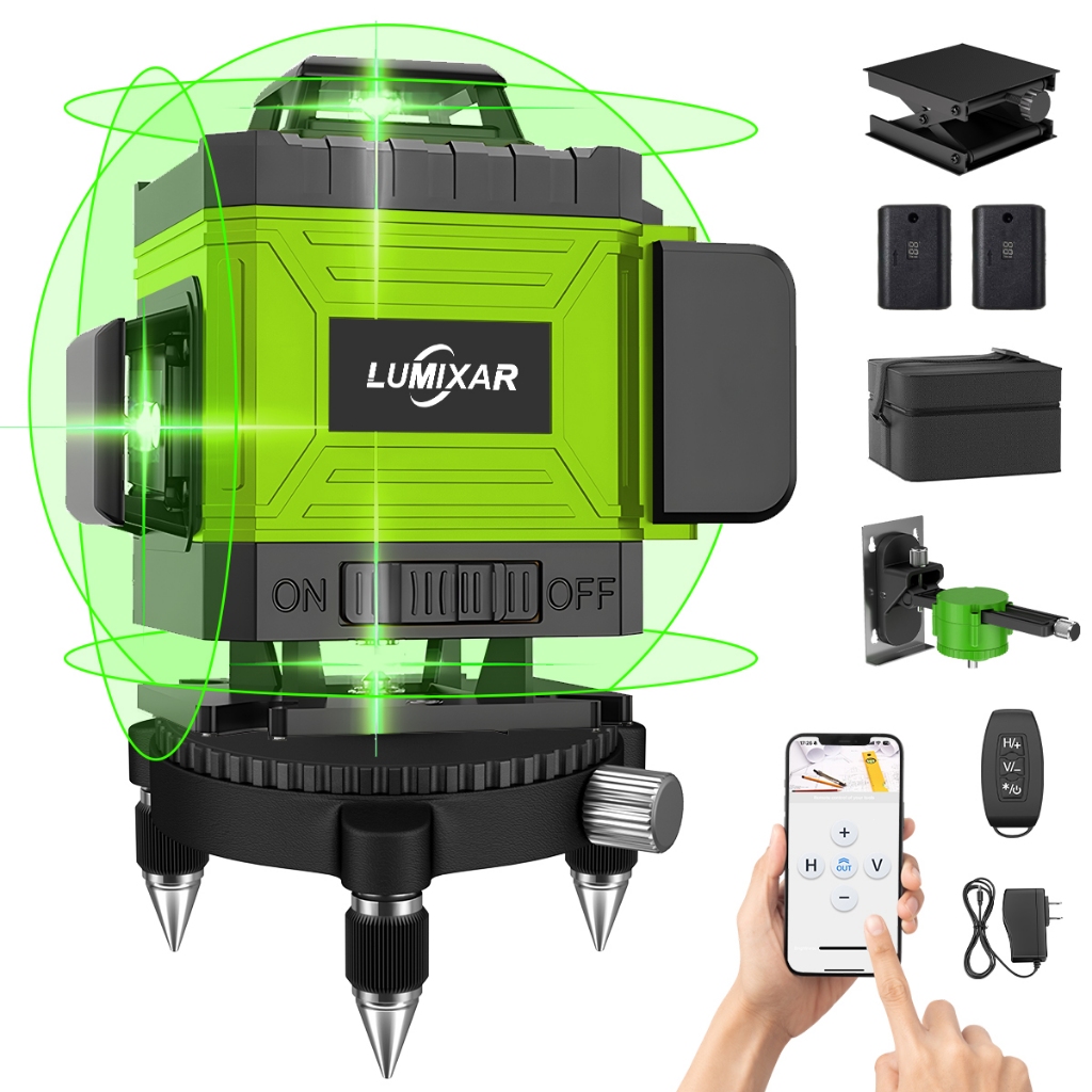 Nível a Laser Verde de 16 Linhas 4D 360° Com Controle Remoto ,Nível a Laser  Autonivelante Com 2 Baterias Recarregáveis