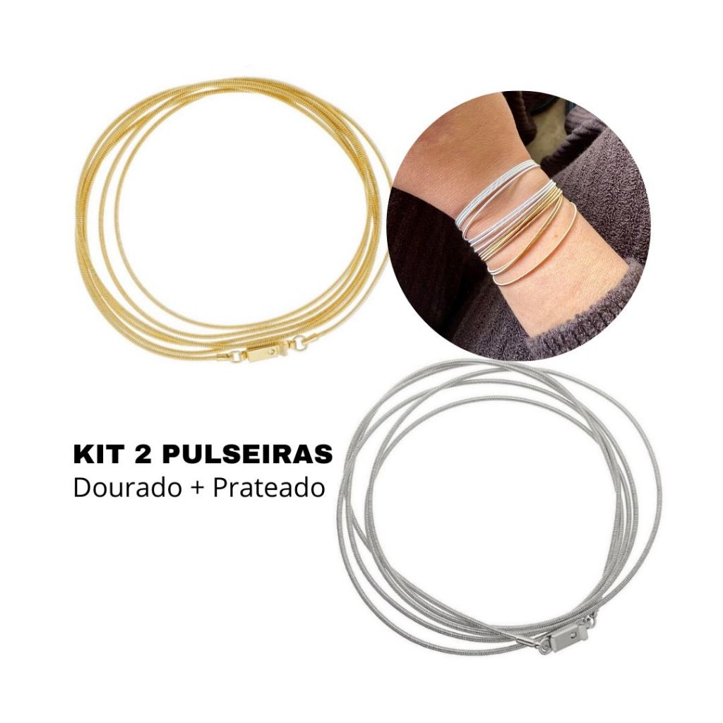 Kit Pulseira Corda de Violão Feminina Masculina, Dourada e Prata 120cm, Semijoia Multiuso, Pulseira, Colar, Tornozeleira