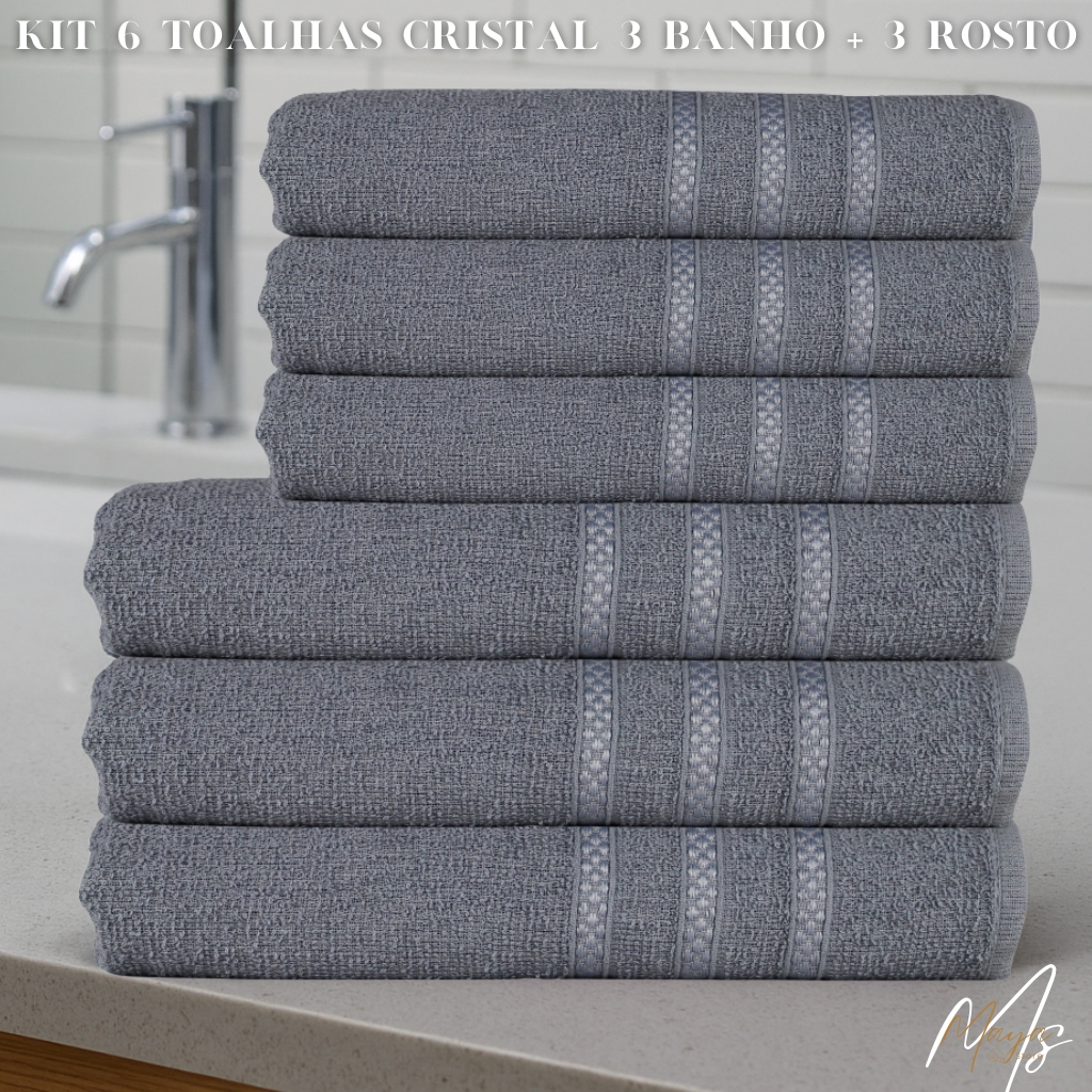 KIT 6 Toalhas CRISTAL - (3 banho + 3 rosto) 100% ALGODÃO - Linha Cristal.
