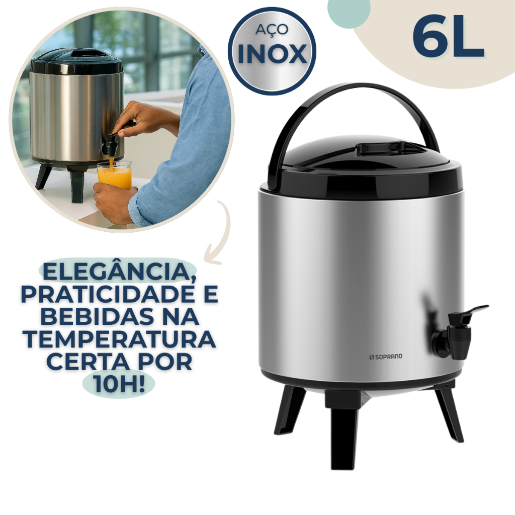 Garrafa Botijão Térmico Palace Inox 6L com Pé Soprano