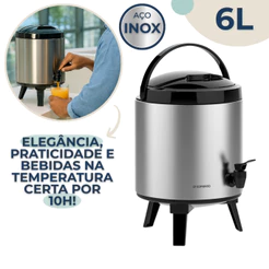Garrafa Botijão Térmico Palace Inox 6L com Pé Soprano