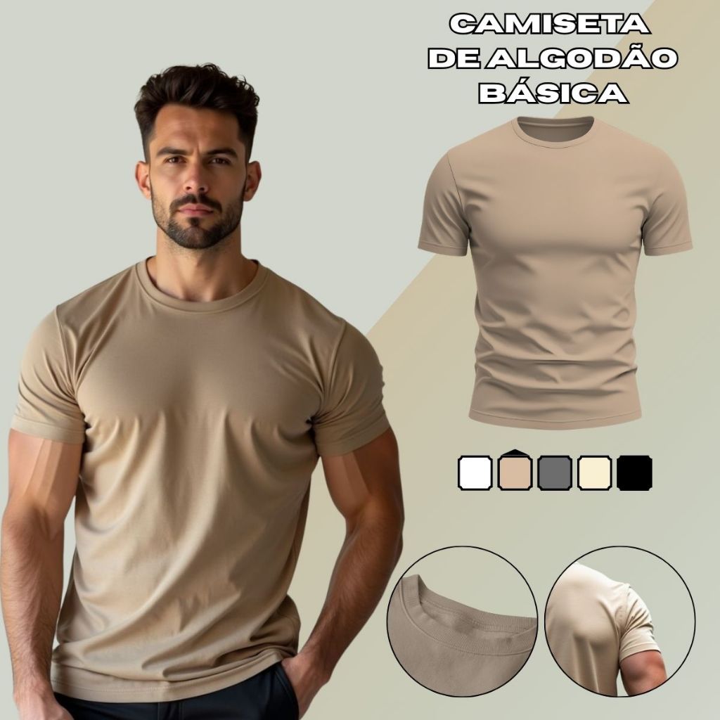 Camisa Básica Masculina 100% Algodão Com Costura Reforçada Camiseta Casual Dia a Dia em Oferta na Shopee