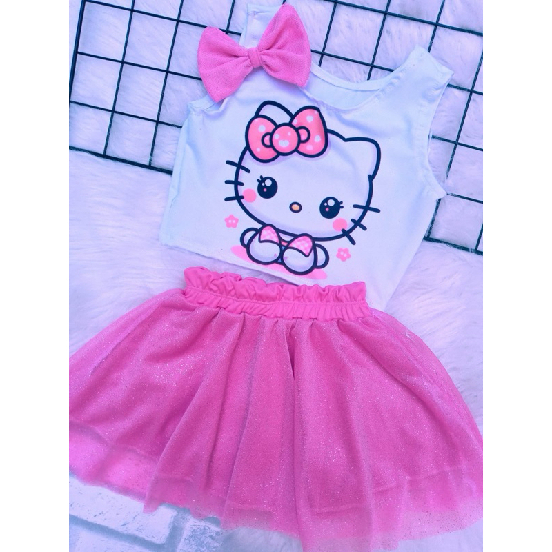 Conjunto Infantil Feminino Hello Kitty Rosa Bebê Tule Glitter Blogueirinha Moda Infantil 1 a 7 Anos