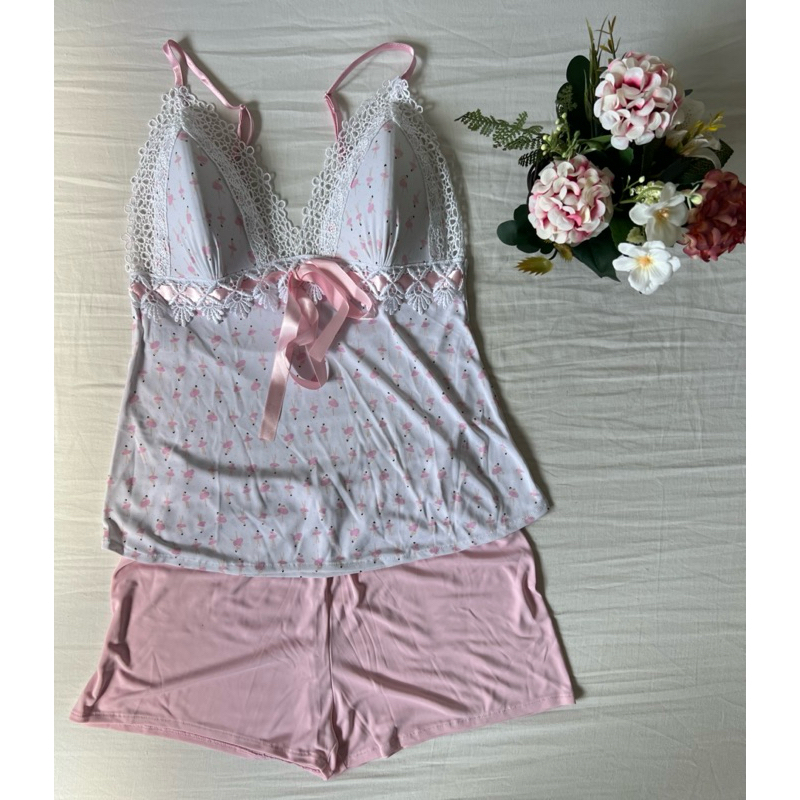 Baby doll feminino branco com bailarina rosa 100% poliamida com bojo rendado nas laterais
