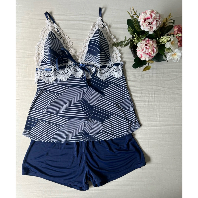 Baby doll feminino azul e beanco 100% poliamida com bojo rendado nas laterais