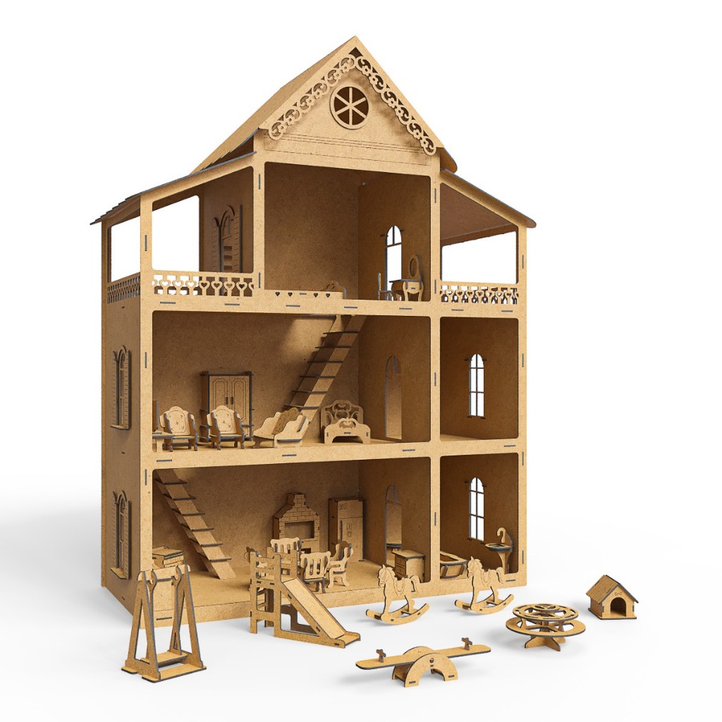 Casinha De Bonecas MDF Cru 80cm + Kit 30 Mini Móveis Brinquedos - MDF Criativa