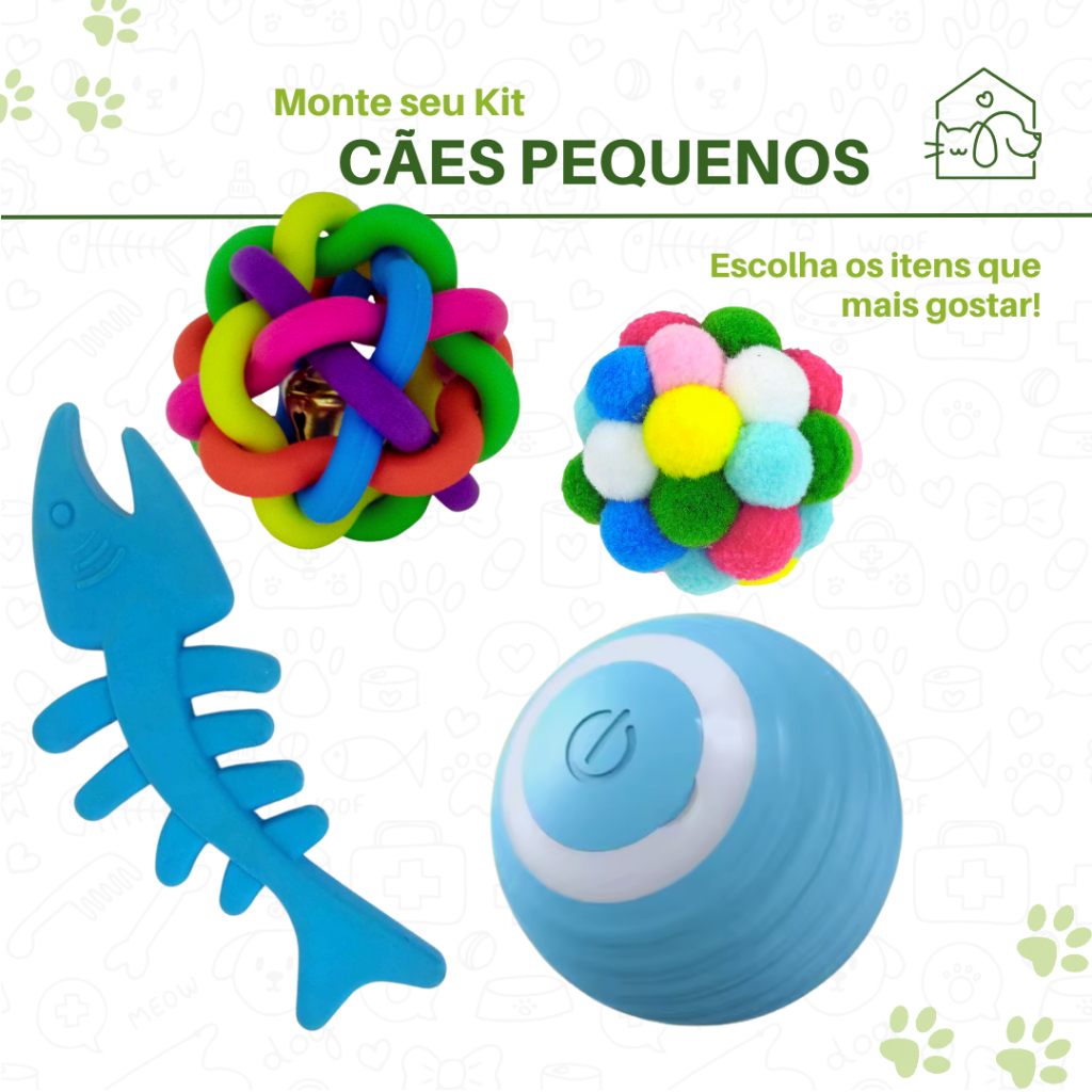 Kit Interativo para Cães Pequenos e Gatos com Bola Sino, Pelúcia, Mordedor e Automática