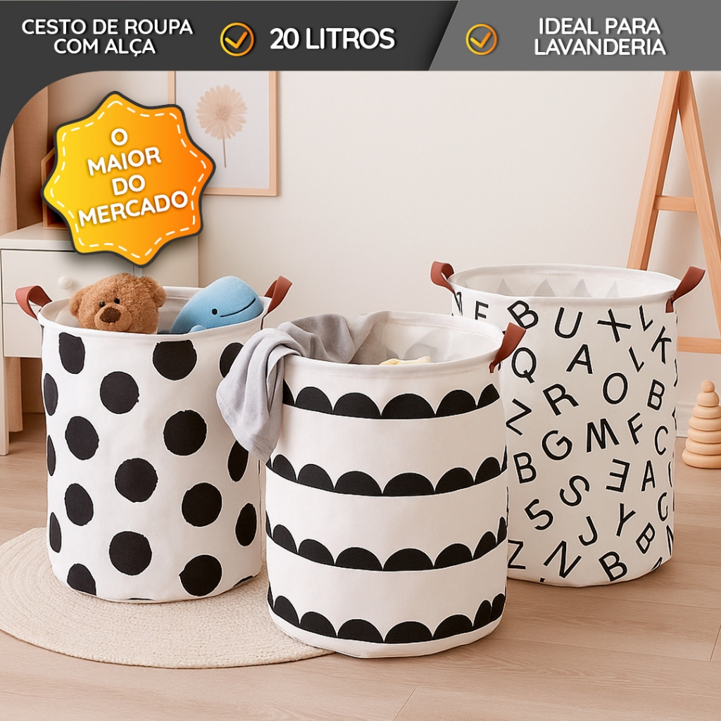 Cesto de Roupa Dobrável com Alça 20L – Lavanderia Banheiro Organização 3 Modelos