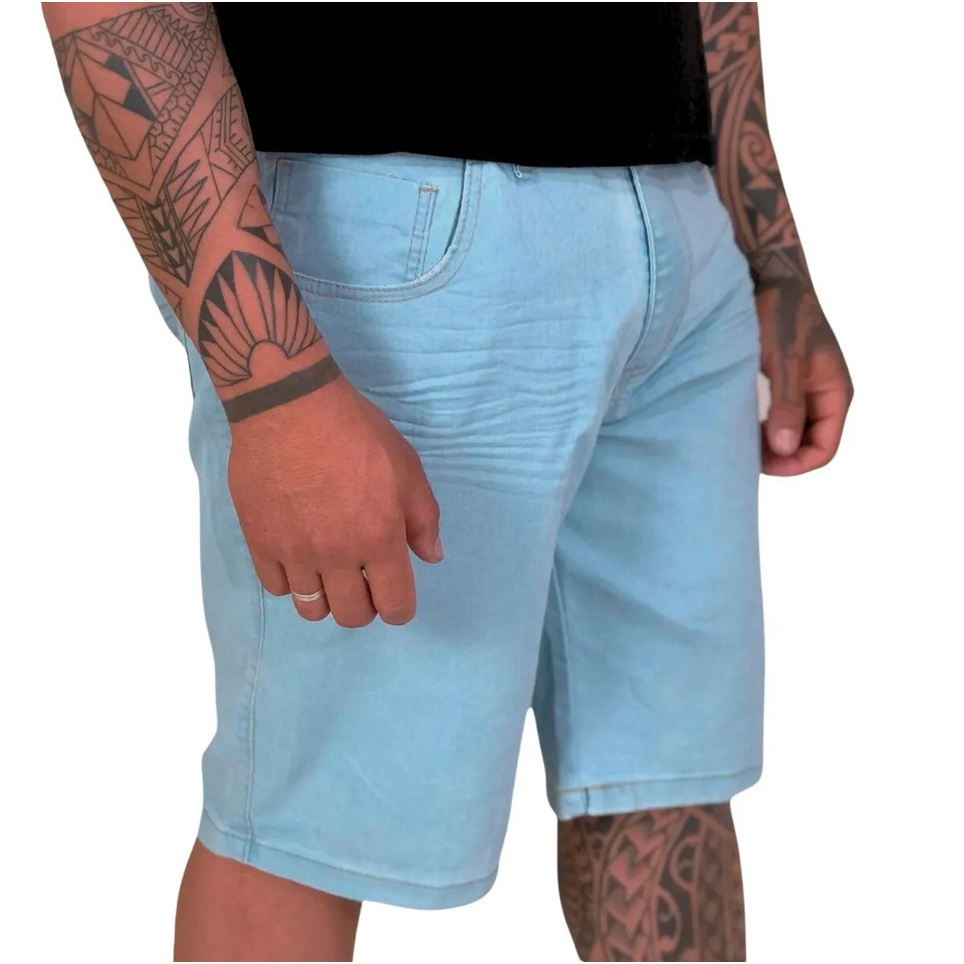 Bermuda Jeans Plus Size Masculina Com Lycra Elastano Tamanho Grande Reta Azul Preta Delave