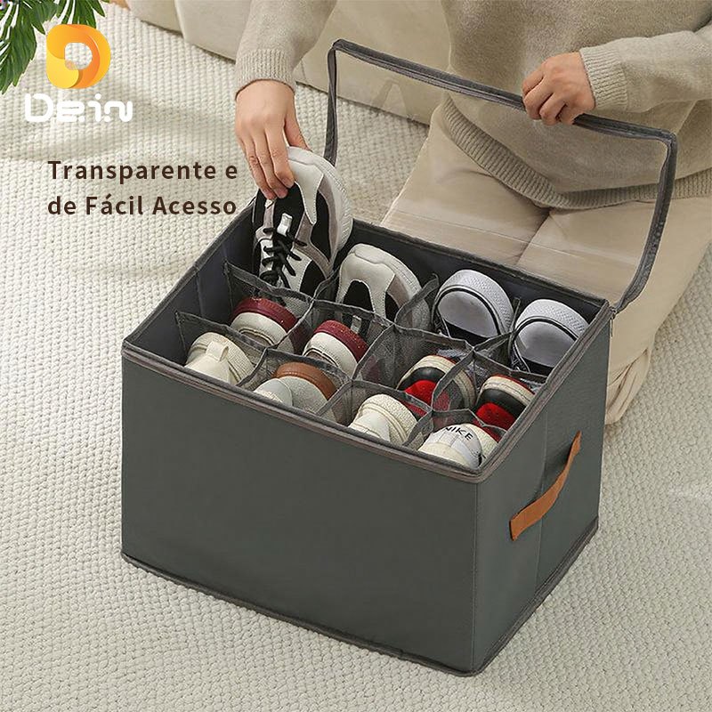 Caixa Organizadora 6 Pares de Sapato 43x32x30cm | Dobrável com Tampa Transparente e Divisórias