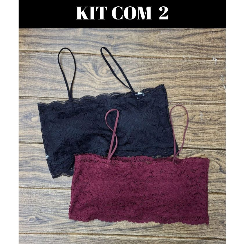 KIT 2 Tops Faixa em Renda com Bojo - Topper Forrado Regata Nadador Cropped Feminino Renda