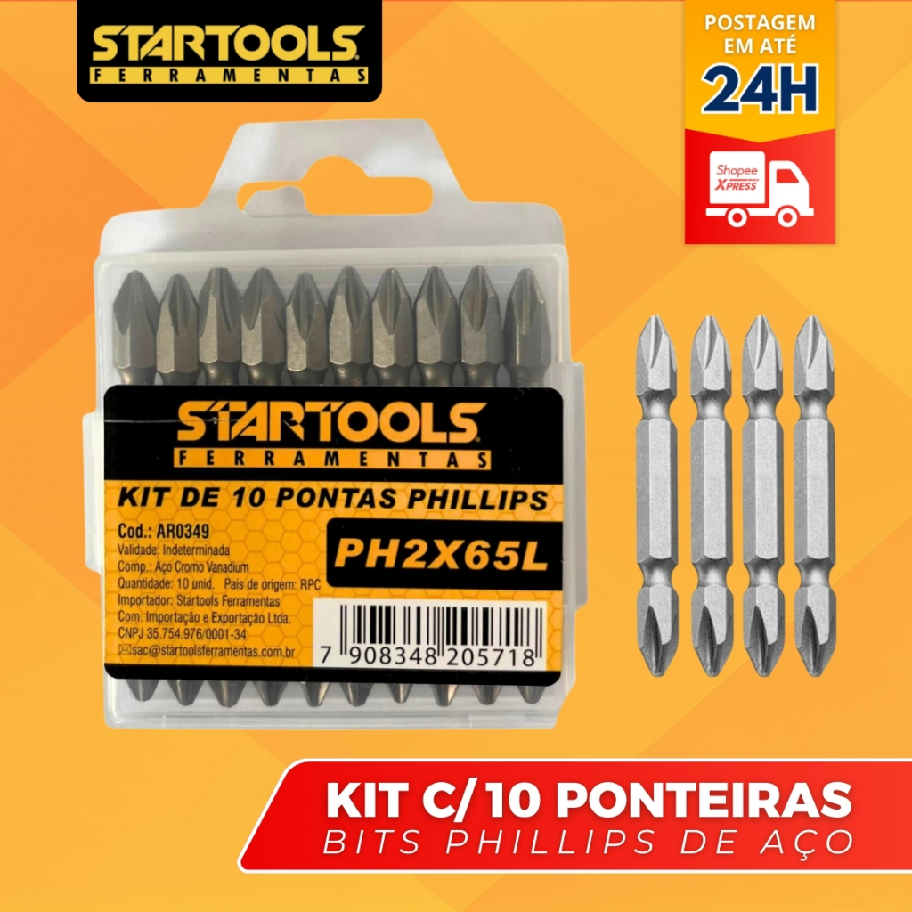 Kit Ponteira 10 Bits Pontas para Parafusadeira Phillips Ph2x65l Startools 65mm Ponteiras