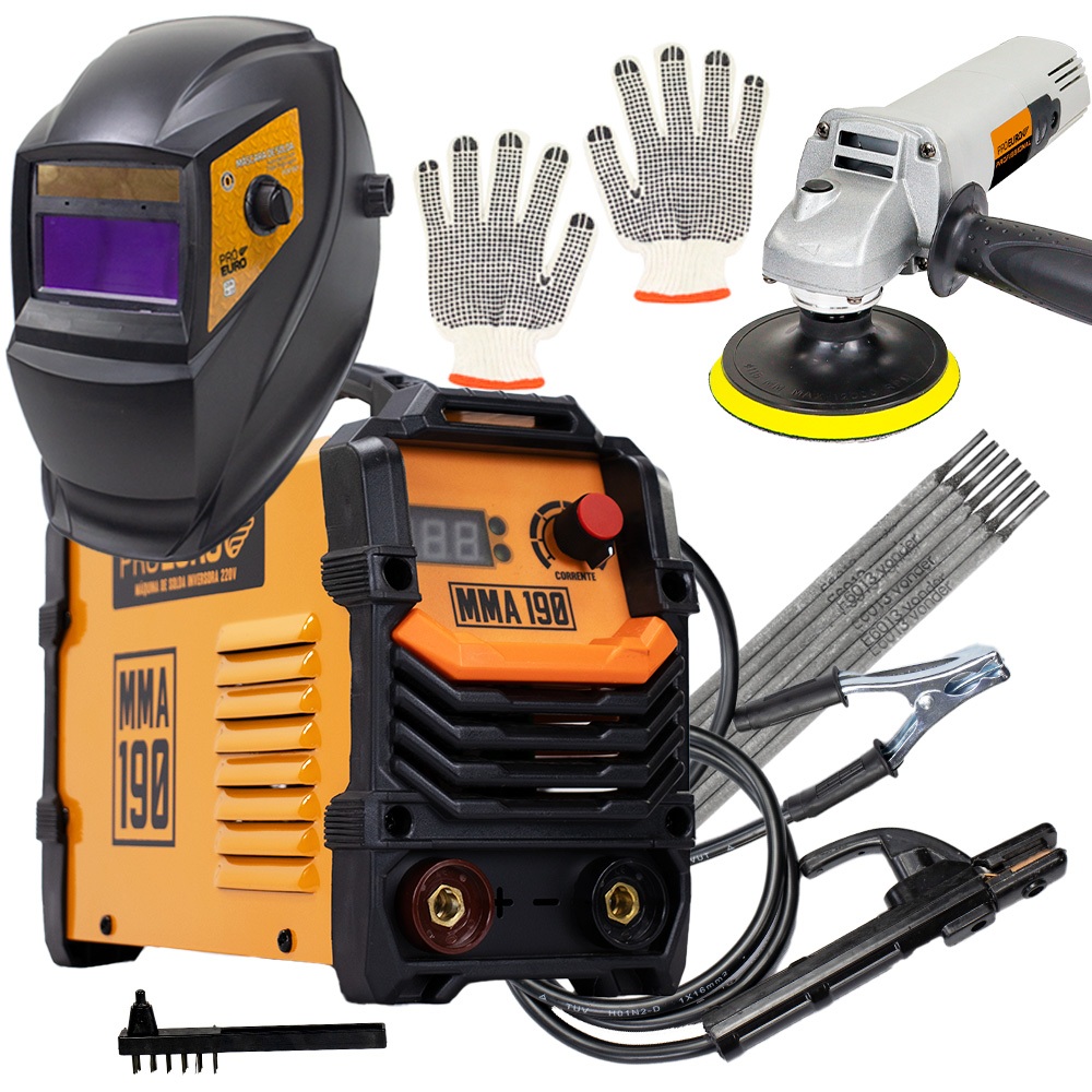 Kit Soldador Máquina Inversora Portátil MMA 190a 220v + Esmerilhadeira + Máscara Automática e Mais! em Oferta na Shopee