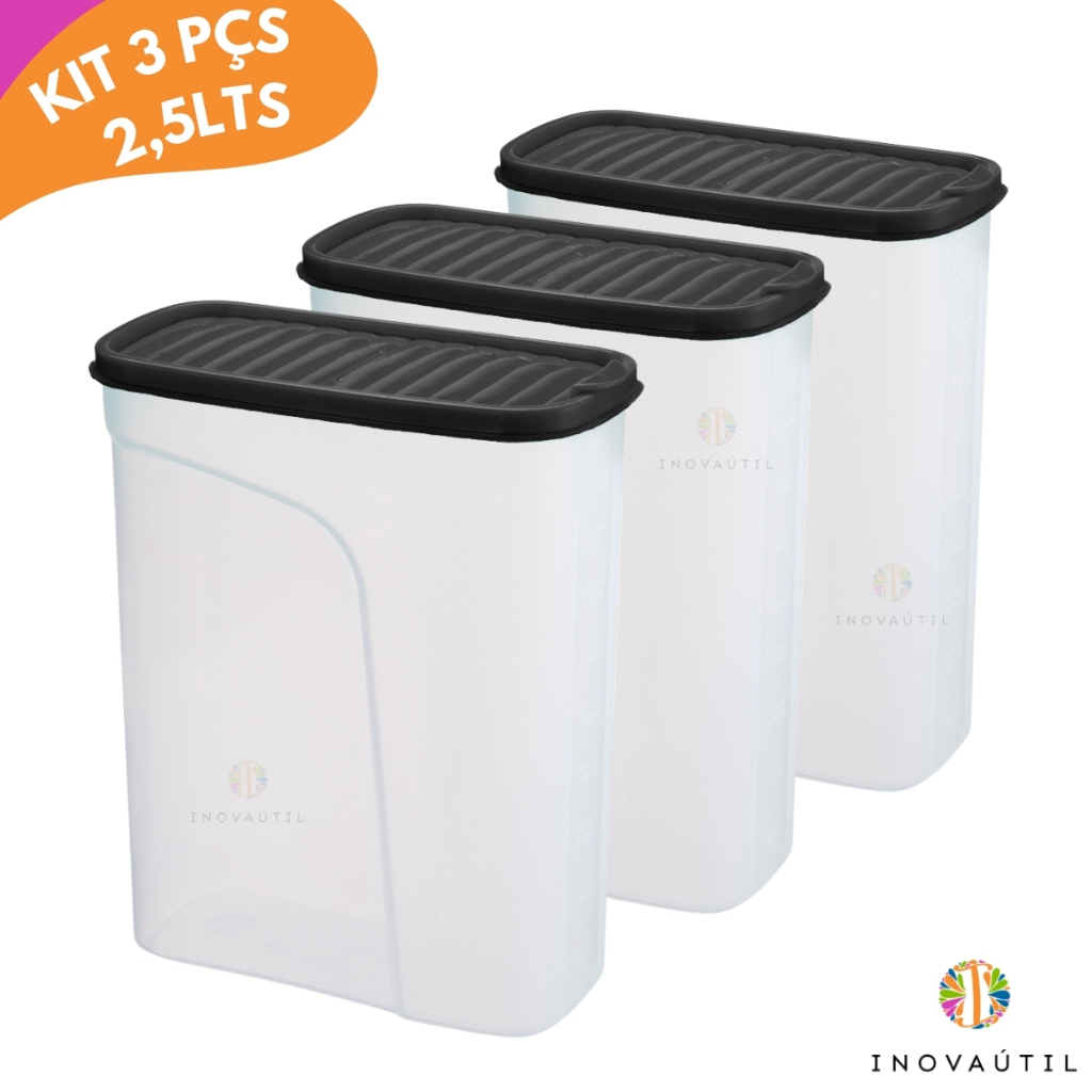 Porta Mantimento Cereais Ração Kit 3 Pote 2,5lts Graduado Porta Sabão em pó Com Tampa Preto