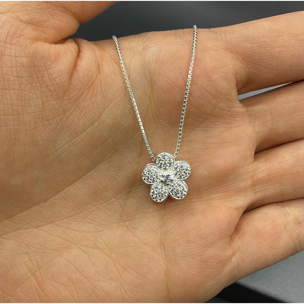 Colar  e Pingente de Prata 925 Flor Cravejada com Zircônias Colar de Flor em Prata 925