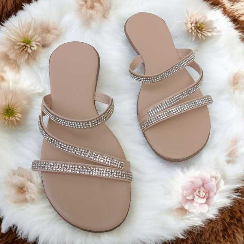 Sandália Feminina com Brilho Rasteira Feminina Strass - BRILHA MAIS bico redondo -Rasteirinha Flat Confortável pro Verão