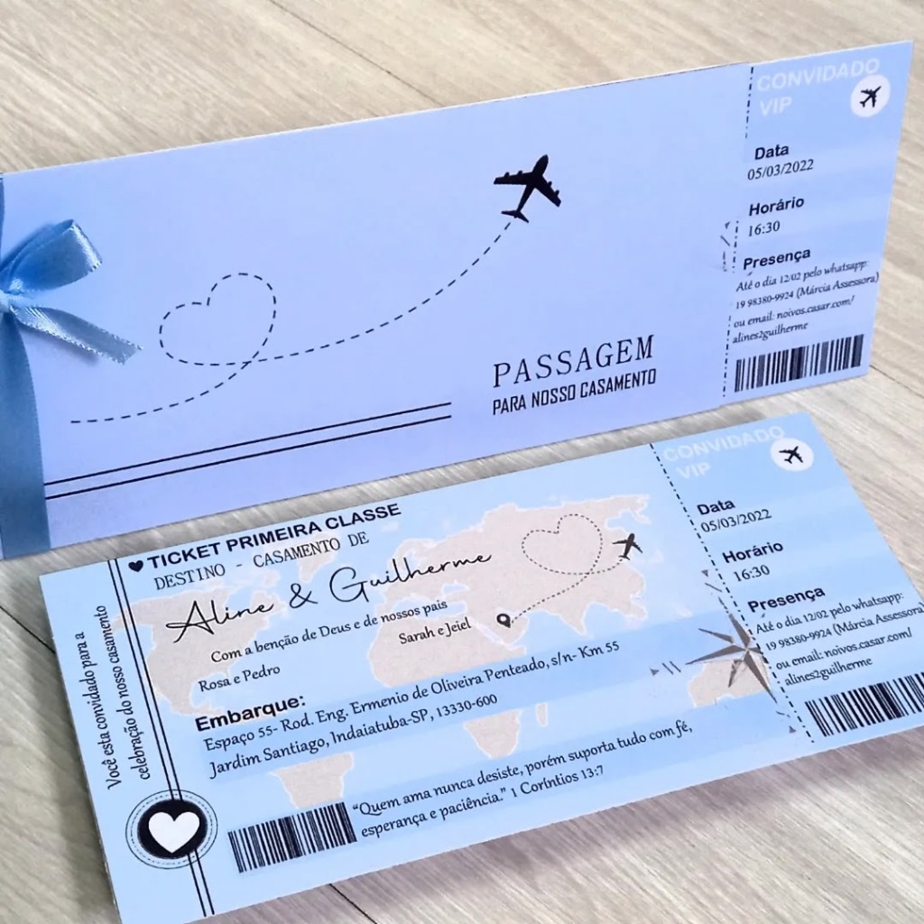 Convite de Casamento Passagem aérea com tag e laço – Moderno e Romântico também para Debutante