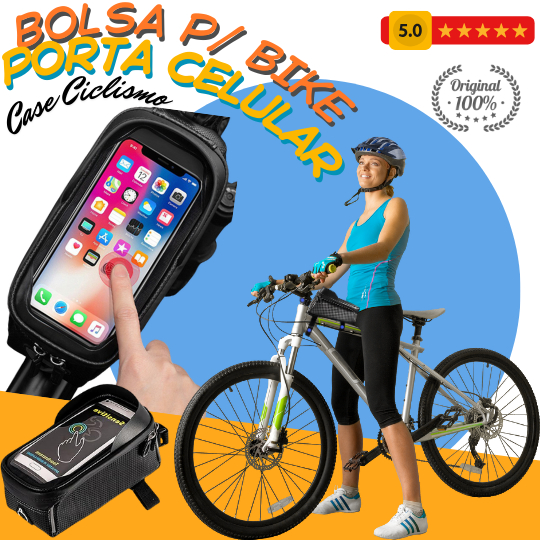 Bolsa Porta Celular p/ Bicicleta, Case Ciclismo à Prova d’Água c/ Suporte de Guidão e Quadro Frontal