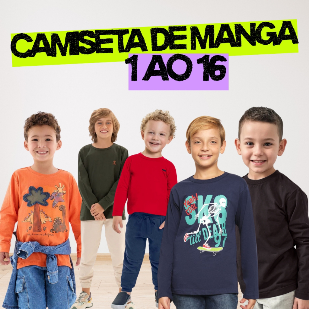 Kit 5 Camisa Manga Longa Infantil Menino| Camiseta Infantil Menino | Blusa Masculina Infantil 1 a 16 em Oferta na Shopee