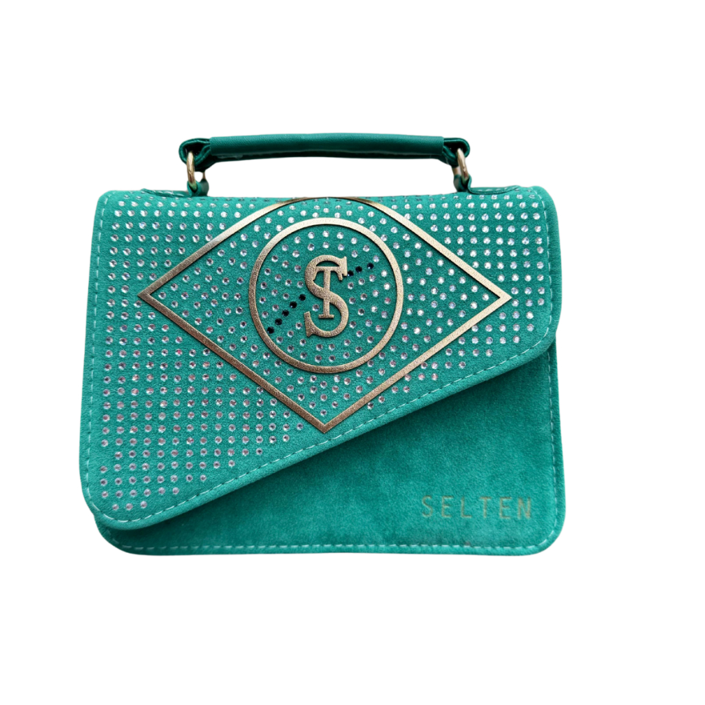 Bolsa Pequena Feminina Clutch Transversal Verde Camurça Strass