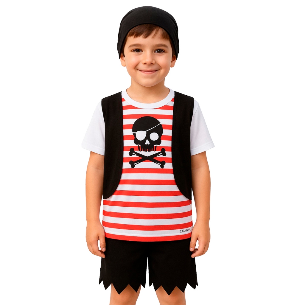 Conjunto Infantil Fantasia Pirata Camiseta Com Colete Short e Bandana
