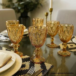 Jogo 6 Taças Diamond 340 ml Bico de Jaca Dourado Ambar Agua Vinho em Oferta na Shopee