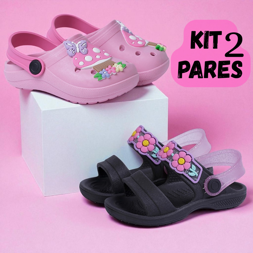 Kit 2 Pares Infantil Babuche Rosa Confortável e Papete Florida Leve e Macia