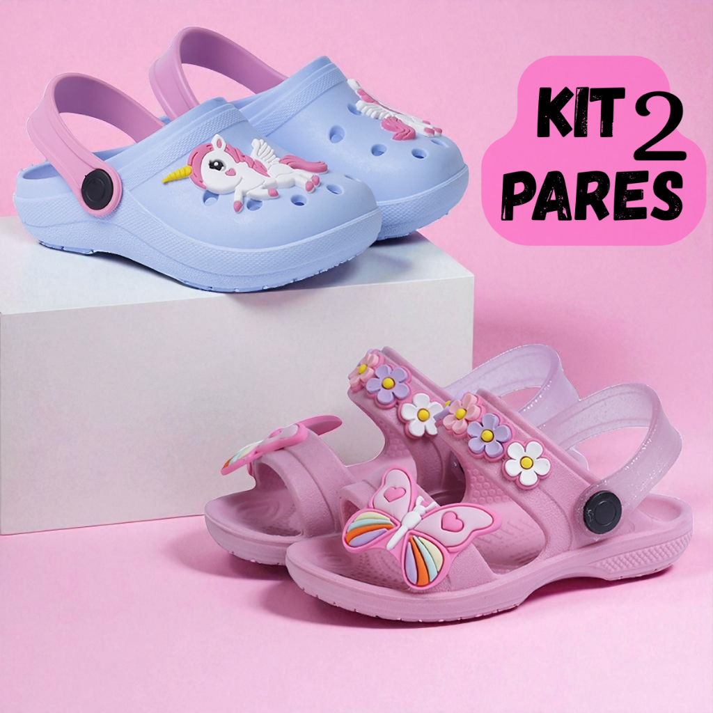 Kit 2 Pares Infantil Babuche Macio Unicórnio com Papete Fofa Borboleta Confortável