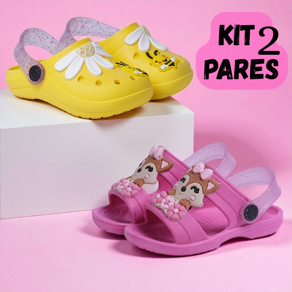 Kit 2 Pares Babuche Infantil Menina Florzinha com Papete Infantil Feminina Raposa Confortável