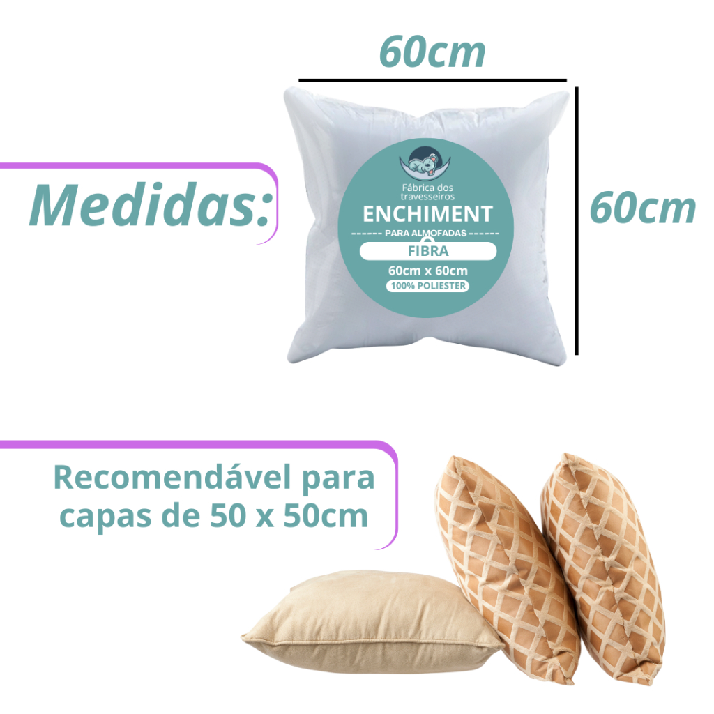 Kit 2 Refil Enchimento 60x60 Para Capa Almofada 55cm Macio fibra sintética