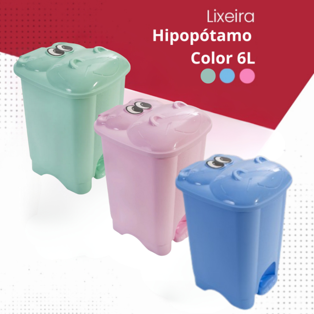 Lixeira Infantil 6L Tampa De Hipopótamo Com Pedal Rosa, Azul ou Verde - Giotto