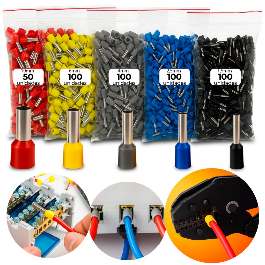 Kit 450 Terminal Conector Tubular Ilhós 1,5/2,5/4/6/10mm Pré Isolado Simples Cabos e Fios Eletricos em Oferta na Shopee
