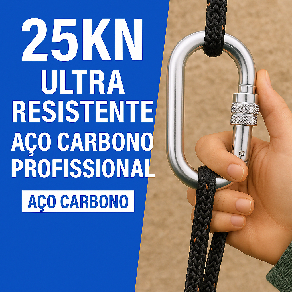 Kit 5 Mosquetão Oval 25KN Aço Carbono Trava Rosca  Ideal para Escalada, Rapel e Altura Profissional