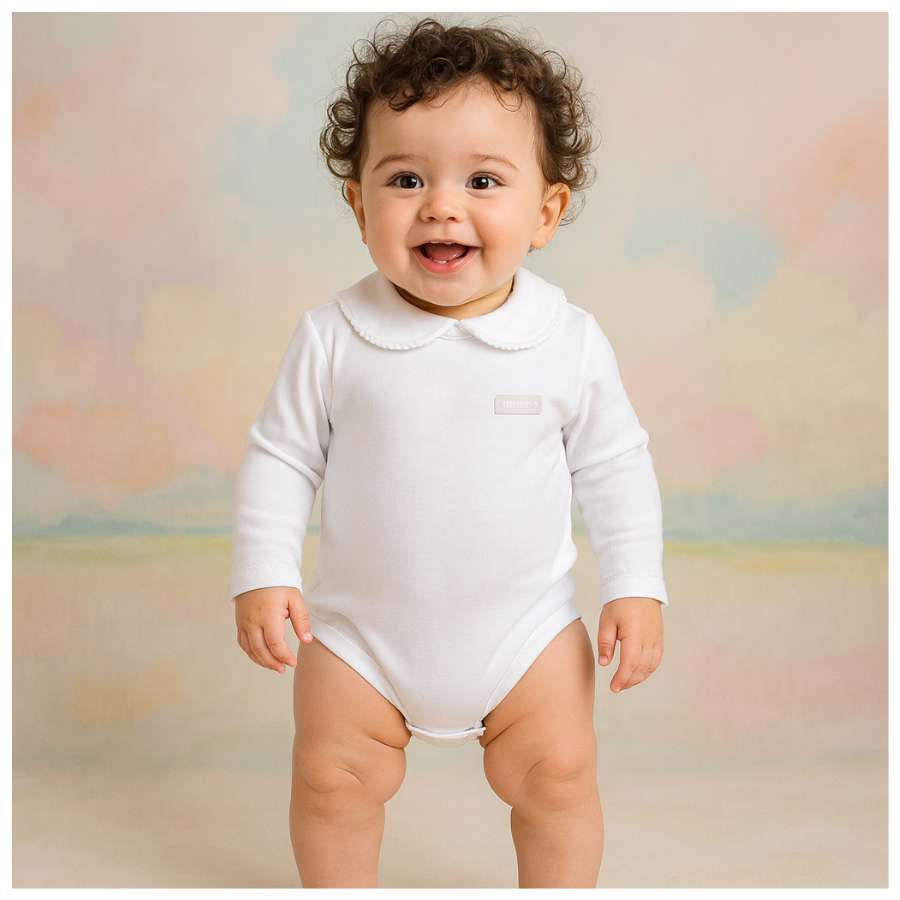 Body longo bebê com gola boneca 100% algodão premium branco