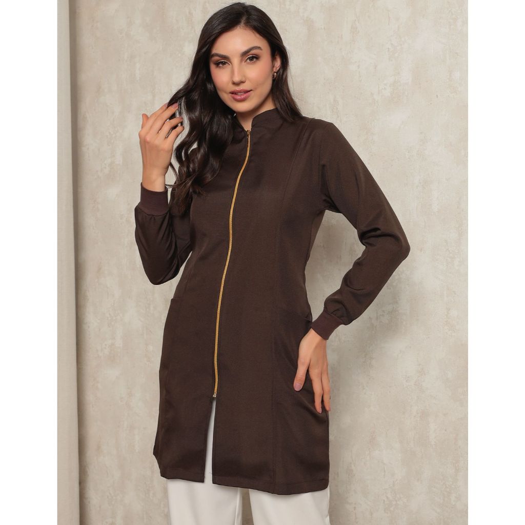 Jaleco Feminino Acinturado com Zíper Luxo Marrom Nice Gardenia Jalecos
