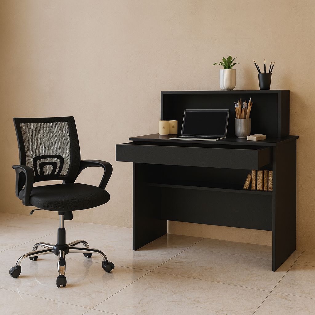 Kit Escrivaninha Branco e Preto com Gaveta + Cadeira Escritório Ergonômica